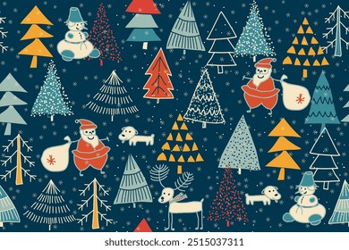 Christmas seamless pattern for greeting cards, wrapping paper. Hand drawn winter background from doodle Christmas trees, Santa, snowflakes, deer and dogs. Vector illustration.