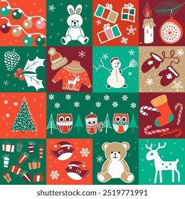Christmas seamless pattern for greeting cards, wrapping paper. Winter collage. Hand drawn winter background from doodle Christmas trees, Santa, snowflakes, present box. Patchwork. Vector illustration