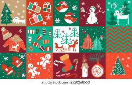 Natal padrão sem emenda para cartões de felicitações, papel de embrulho. Colagem de inverno. Fundo de inverno desenhado à mão de doodle árvores de Natal, Santa, flocos de neve, caixa presente. Colcha de retalhos Ilustração vetorial