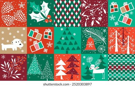 Christmas seamless pattern for greeting cards, wrapping paper. Winter collage. Hand drawn winter background from doodle Christmas trees,  snowflakes, present box. Patchwork. Vector illustration
