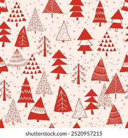 Christmas seamless pattern for greeting cards, wrapping papers. Doodle Christmas trees. Hand drawn winter background. Vector illustration.
