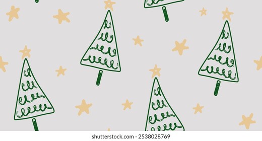 Christmas seamless pattern for greeting cards, wrapping papers. Doodle Christmas trees. Hand drawn winter background. Vector illustration.
