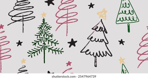 Christmas seamless pattern for greeting cards, wrapping papers. Doodle Christmas trees. Hand drawn winter background. Vector illustration.
