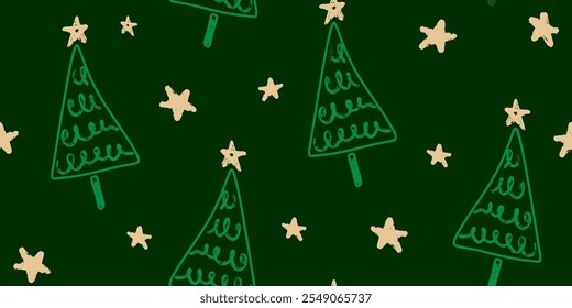 Navidades sin patrón para tarjetas de felicitación, papel de regalo. Doodle árboles de Navidad. Fondo de invierno dibujado a mano. Ilustración vectorial.

