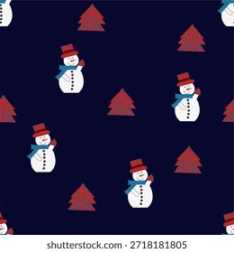 Natal padrão sem emenda para cartões de felicitações, papel de embrulho.  Fundo de inverno de árvores de Natal, boneco de neve, flocos de neve. Ilustração vetorial.