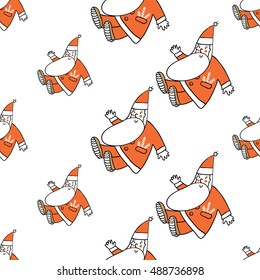 Christmas seamless pattern with greeting Santa Claus. Beautiful vector background for decoration xmas designs. Cute minimalistic art elements on white backdrop.