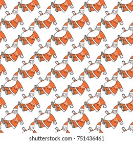 Christmas seamless pattern with greeting Santa Claus. Beautiful vector background for decoration xmas designs. Cute minimalistic art elements on white backdrop.