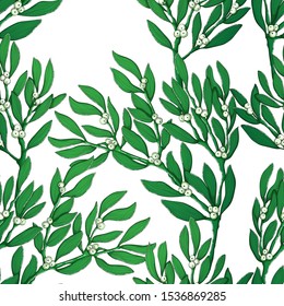 Christmas seamless pattern with hand draw mistletoe and berry. Backdrop with ilex branch and berries on white. Perfect for greeting cards, wallpaper, gift paper. Vector repeating background.