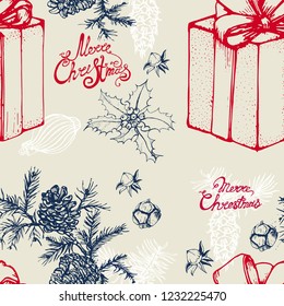 Christmas seamless pattern, hand drawing, gift boxes Christmas tree toys lettering, Holly, vector, for decoration cards gifts