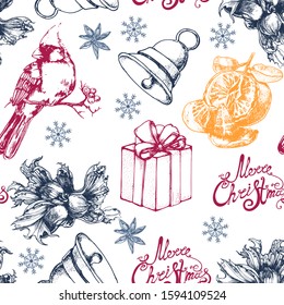 Christmas seamless pattern hand drawing, vector, bell, gift, bird, nuts