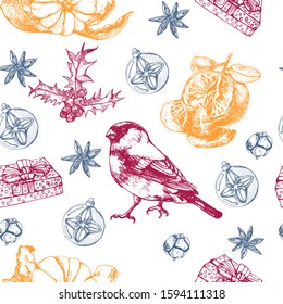 Christmas seamless pattern hand drawing, vector, gift, bird, nuts