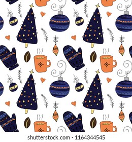 Christmas seamless pattern in hand drawn cute style. Vector objects in blue and orange colors.