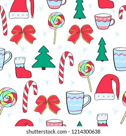 Christmas seamless pattern. Hand drawn celebration background with Santa Claus hat, mugs, Xmas candy cane, bow. Vector for design, postcard, print, poster, christmas party, textile, flyer design, wear