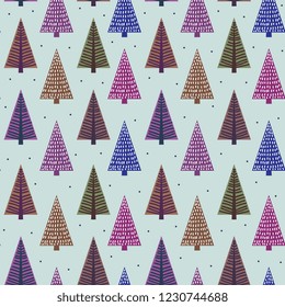 Christmas seamless pattern with hand drawn winter tree blue colors scandinavian style. Vector illustration good for fashion textile print.