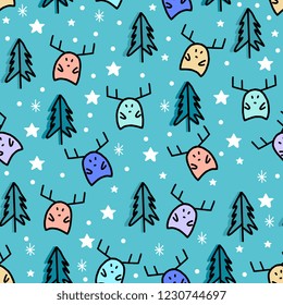 Christmas seamless pattern with hand drawn reindeer cute style for children and baby fashion textile print. Funny childish drawing colorful pastel colors background.