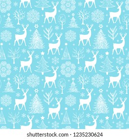 Christmas seamless pattern with hand drawn trees,deers and snowflakes on blue background.Vector illustration.