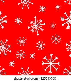 Christmas seamless pattern. Hand drawn snowflakes on the red background. Wrapping paper or wallpaper concept