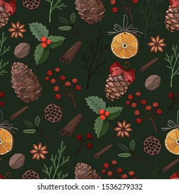 Christmas seamless pattern. Hand drawn botanical vector illustration. Cones, berries, orange, star anise, cinnamon. Holiday decor.