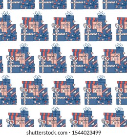 Christmas seamless pattern with hand drawn blue and pink gifts. Doodle style. Vector illustration. Xmas decoration. Winter holiday design for wallpaper or fabric.