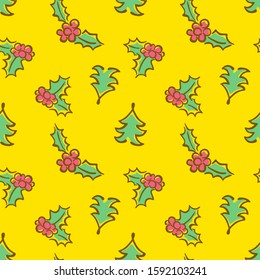 Christmas seamless pattern with hand drawn sloppy fir-trees and holly on a yellow background