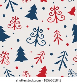 Christmas seamless pattern with hand drawn trees. Wrapping paper. Vector