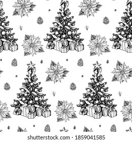Christmas seamless pattern with hand drawn decorated fir trees isolated on white background. Design element for Christmas cards, wrapping paper, textile. Vector illustration in sketch style