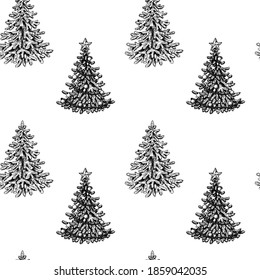 Navidad sin fisuras con abetos decorados a mano aislados de fondo blanco. Elemento de diseño para tarjetas de Navidad, papel de envoltura, textil. Ilustración vectorial en el estilo de esbozo