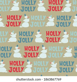 Weihnachtsnahtloses Muster. Handgezeichnete Tannenbäume, Schneemänner, Holly Jolly-Schrift auf handgearbeitetem, strukturiertem Hintergrund. Weihnachtskonzept. Für Geschenkpapier und andere Design-Projekte