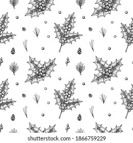 Christmas seamless pattern with hand drawn holly branches and berries isolated on white background. Vector illustration in vintage sketch style