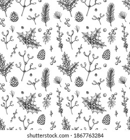 Navidad sin fisuras con mistletoe dibujado a mano y ramas de las calles navideñas, conos y bayas huecas aisladas en fondo blanco. Ilustración vectorial en el estilo de esbozo vintage
