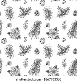Navidad sin fisuras con ramas de árbol de Navidad dibujadas a mano, conos y bayas huecas aisladas en fondo blanco. Ilustración vectorial en el estilo de esbozo vintage