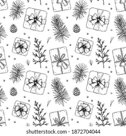 Christmas seamless pattern with hand drawn top view gift boxes, pine branches and cones, juniper, berries. Vector illustration in vintage sketch style