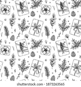 Christmas seamless pattern with hand drawn top view gift boxes, fir tree branches and cones, larch tree, holly, berries. Vector illustration in vintage sketch style