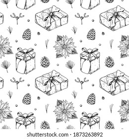 Christmas seamless pattern with hand drawn gift boxes with beautiful bows, pinecones, poinsettia, mistletoe, berries. Vector illustration in vintage sketch style