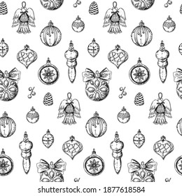 Christmas seamless pattern with hand drawn Christmas tree toys. Vector illustration in sketch style