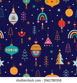 Christmas seamless pattern with hand drawn christmas toys and trees in Scandinavian style. Xmas cozy decor elements. Holidays baubles.Template for invitation,wishing,design,print.Vector illustration.