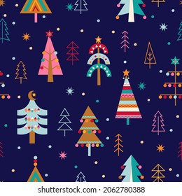 Christmas seamless pattern with hand drawn christmas trees with toys in Scandinavian style. Xmas cozy decor elements. Template for invitation,wishing,design,print.Vector illustration.
