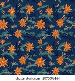 Christmas seamless pattern. Hand drawn poinsettia with green cone elements. Rustic hand painted style. Vector illustration.