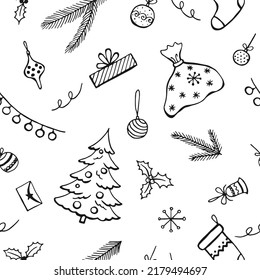 Christmas seamless pattern, hand drawn style doodle elements. Vector illustration.