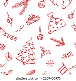 Weihnachtsnahtloses Muster, handgezeichnete Doodle-Elemente. Vektorgrafik.