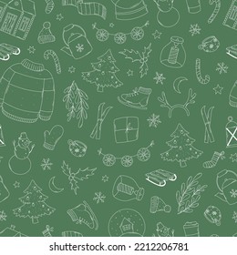 Christmas seamless pattern with hand drawn doodles on green background. Good for wrapping paper, packaging, wallpaper, scrapbooking, textile prints, stationary, etc. EPS 10