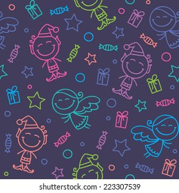 christmas seamless pattern, hand drawn angels and elves