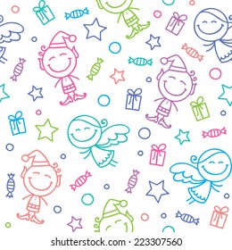 christmas seamless pattern, hand drawn angels and elves