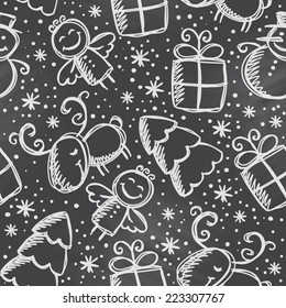 christmas seamless pattern, hand drawn xmas symbols on chalkboard