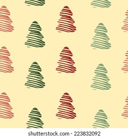Christmas Seamless pattern. Hand drawn sketch. Stylized Christmas tree on beige background.