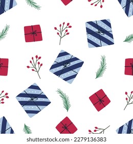 Christmas seamless pattern with hand drawn holiday elements, flat vector illustration on white background. Cute winter holiday pattern. Great for gift box wrapping paper.
