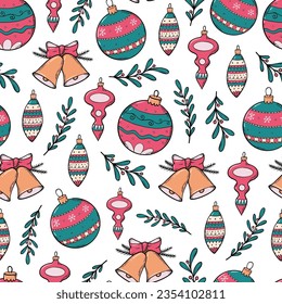 christmas seamless pattern with hand drawn mistletoe branches, christmas balls and bells for gift wrapping paper, textile prints, wallpaper, backgrounds, packaging, etc. EPS 10