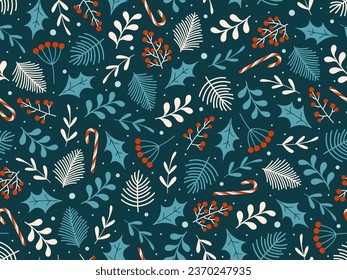 Christmas seamless pattern with hand drawn winter floral elements.