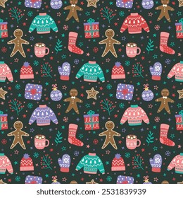 Christmas seamless pattern with hand drawn elements. Vector illustration