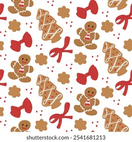 Christmas seamless pattern with hand drawn gingerbread cookies. Different kind of holiday cookies with red bows on white background. Holiday vector flat design for Christmas wrapping paper